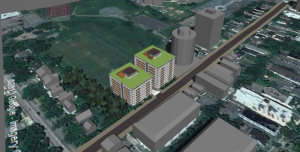 所提出的建筑物的建筑渲染屁股顶上谷歌地图。