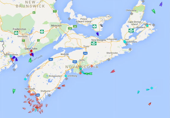 周五上午八点半，新斯科舍附近海域。地图:marinetraffic.com
