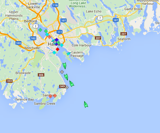 船只将于周三上午8:30离开和进入哈利法克斯港。离开的是博智金融(Primus)，其次是东方海外华盛顿(OOCL Washington)。进入的是ZIM德克萨斯，然后是ZIM纽约。地图:marinetraffic.com