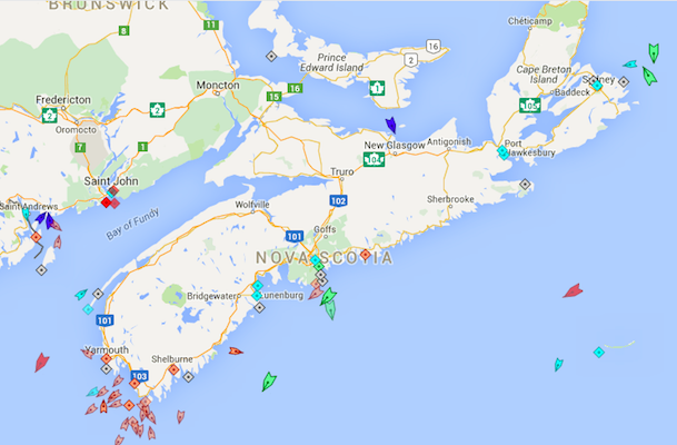 周四上午8点45分，新斯科舍省附近海域。地图:marinetraffic.com