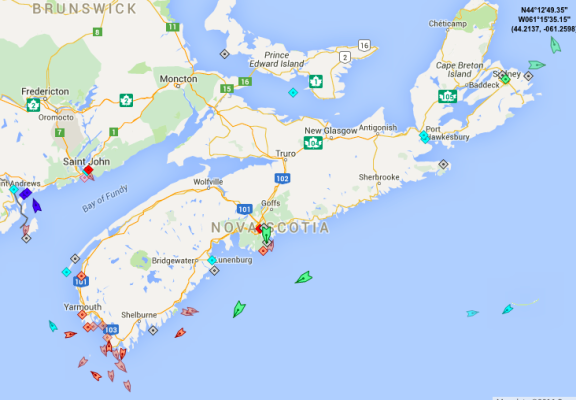 The seas around Nova Scotia, 8:30am Thursday. Map: marinetraffic.com
