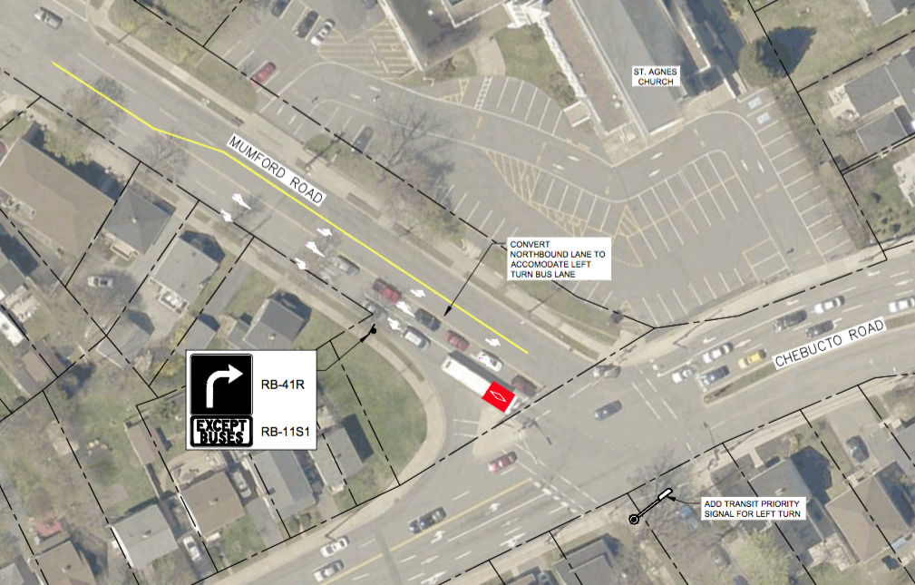 芒福德Chebucto路的概念布局，以使公共汽车更有效地通过十字路口。