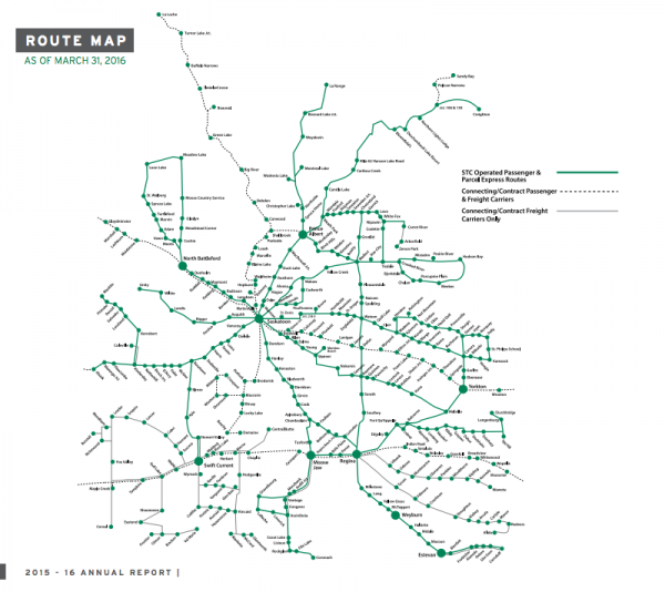 2016年萨斯喀彻温省运输公司的路线地图，从他们的年度报告。
