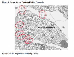 显示哈利法克斯半岛的有限接入点的地图，使其成为CORTON收费的自然候选者，从2011年哈利法克斯半岛实施拥堵费的可行性