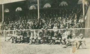 20世纪初，哈利法克斯流浪者球场棒球场内的一支棒球队的黑白照片。队员们坐在长椅上，后面的座位上有球迷在观看比赛。