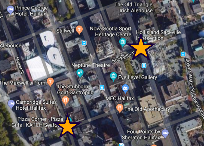 哈利法克斯市中心的卫星图像，显示了最近的两个主要水源断裂和Nova中心附近。