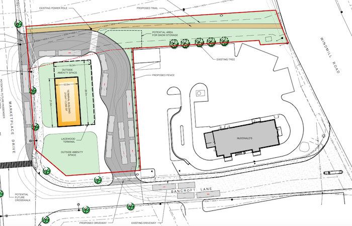 A graphic showing the proposed layout of the Wrights Cove Transit Terminal.