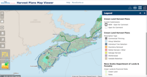 收割计划地图查看器的截图，显示了新斯科舍省森林已批准的收成。