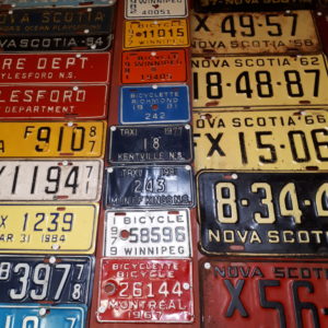 自行车牌照的墙上展示