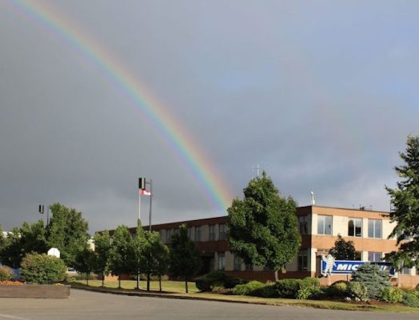 被树木和停车场包围的红砖建筑上的彩虹