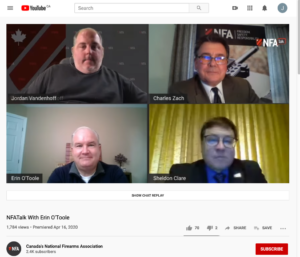 艾琳·奥图尔(左下)、谢尔顿·克莱尔(右下)、查尔斯·扎克(右上)和乔丹·范德霍夫(左上)主演的《NFA谈话》