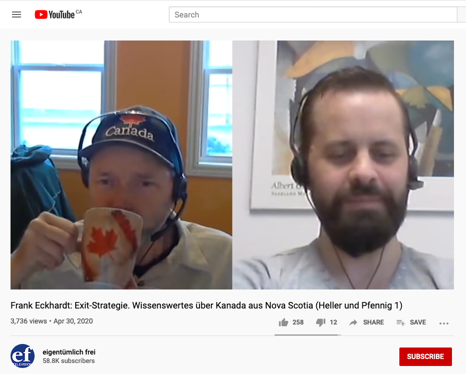 弗兰克·埃克哈特(Frank Eckhardt)在接受路易斯·帕索斯(Luis Pazos)在线采访时，头戴加拿大棒球帽，用印有枫叶图案的杯子喝咖啡