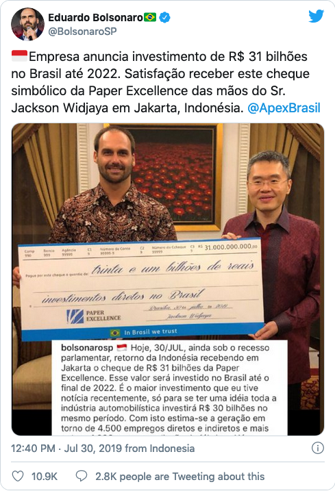 2019年7月30日，巴西的儿子右路总统的儿子Eduardo Bolsonaro推文，从杰克逊Widjaja获得价值35亿美元的象征性，如果纸浆磨削交易经历过，那么Bolsonaro的金额将被投资。