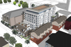 一种建筑效果图，显示街道上一座八层楼高的建筑，周围环绕着房屋、公寓楼和联排别墅。