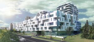 BANC投资公司拟建的12层大楼效图。这是一座长方形的白色建筑，漂浮在一层用蓝色玻璃围起来的地面上。顶部有两个塔，整个表面是四四方方的，有嵌入式阳台和落地窗。它看起来像一艘非常非空气动力的游轮。当然，这里看不到电线。前面的区域布满了许多小身影，但很难分辨出他们的肤色，所以可能有些人是有色人种。不过，在多用途道路上骑自行车的那个人是白色的。从他身后留下的模糊痕迹来看，他走得太快了。慢下来,混蛋。