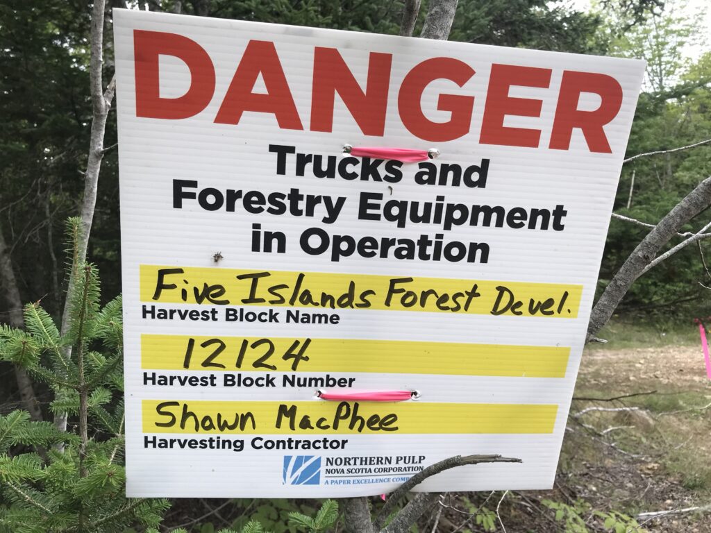 承包商在North Mtn留下的2018年空地上的标志是Northern Pulp的标志。照片:琼巴克斯特