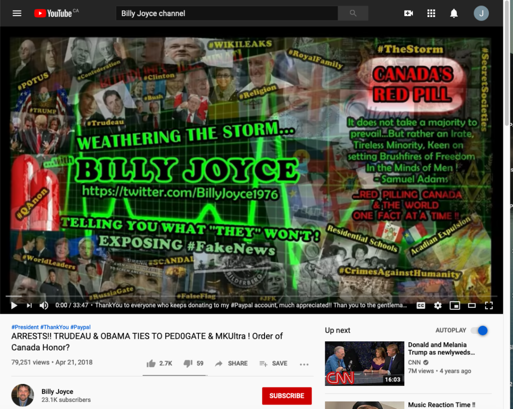 Nova Scotia的Billy Joyce的YouTube频道促进了Qanon