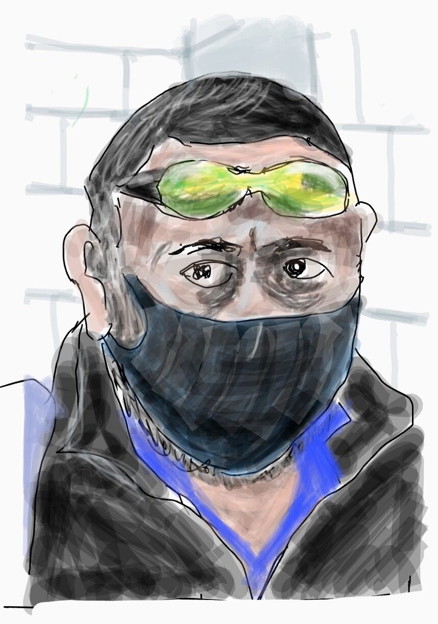 画的是一个戴着眼镜和面具的男人，看起来有点闹鬼。