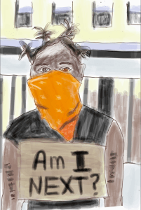 一个戴着橙色面具的黑人举着牌子写着“下一个是我吗?”