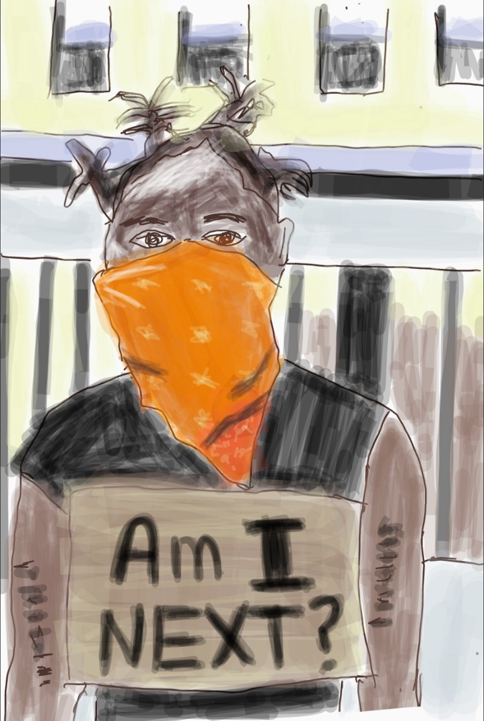 一个戴着橙色面具的黑人举着一个牌子，上面写着“我是下一个吗?”