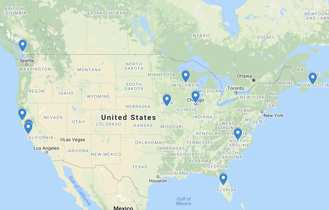 北美地图，带位置别针