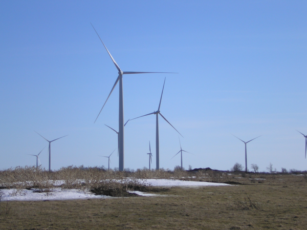 在田野里有白色涡轮机的风力发电场