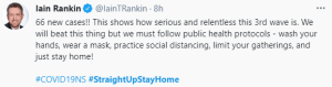 总理伊恩·兰金(Iain Rankin)发推文，标签是#直着在家