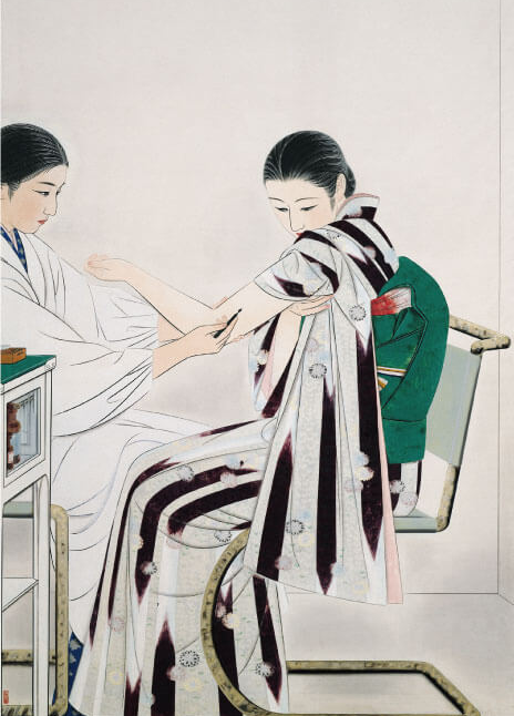 20世纪30年代的一幅画中，一位时髦的年轻日本女子正在接种疫苗。