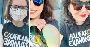 三张年轻女性在接种COVID-19疫苗时穿着哈利法克斯考官衬衫的自拍照。