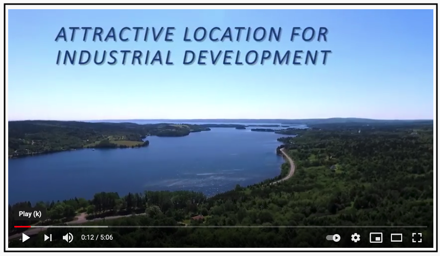 一个视频的截图，显示了一个可爱的远景森林和水在一个晴朗的夏天。文字叠加在清澈的蓝天上，用大写字母写着“工业发展的好地方”。