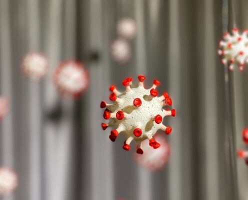 一张冠状病毒雕塑的照片，似乎是用纸制作的maché。它是米色的，上面有红色的皇冠，挂在半空中，背景中挂着复制品，没有对焦。