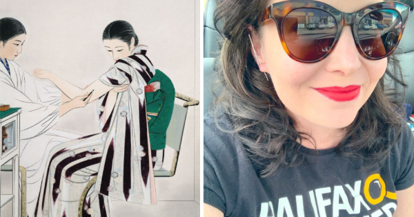 在一幅画中，一位穿着和服的时尚日本女性正在接种疫苗，旁边是一位涂着红色口红、戴着太阳镜的时尚当代女性。