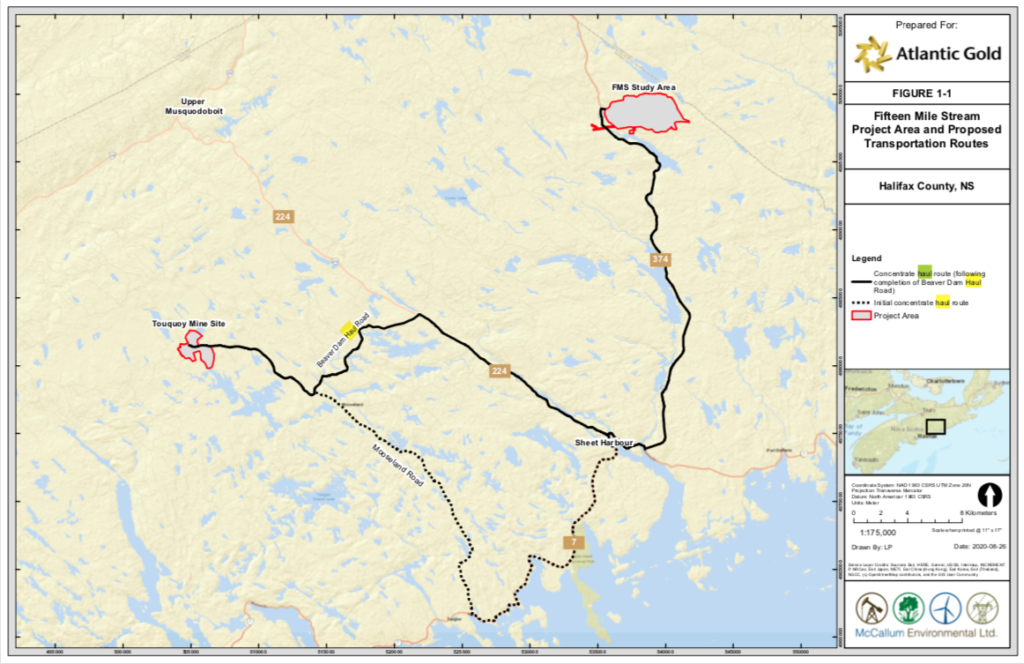 这是一张计划中的矿石运输路线图，从15英里河矿山到图奎伊，从大西洋金矿
