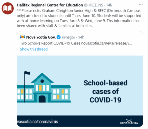 哈利法克斯地区教育中心的推特截图，该中心称两所学校将关闭至6月10日。