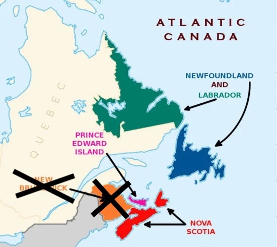 大西洋省的地图，在新的不伦瑞克的大黑x。
