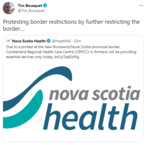 来自Nova Scotia Health的Tim Bousquet的蒂姆··施说的转关：由于在Amherst的新不伦瑞克新斯科舍斯科舍省的抗议，坎伯兰地区医疗中心（CRHHC）在Amherss将仅提供必要的服务。