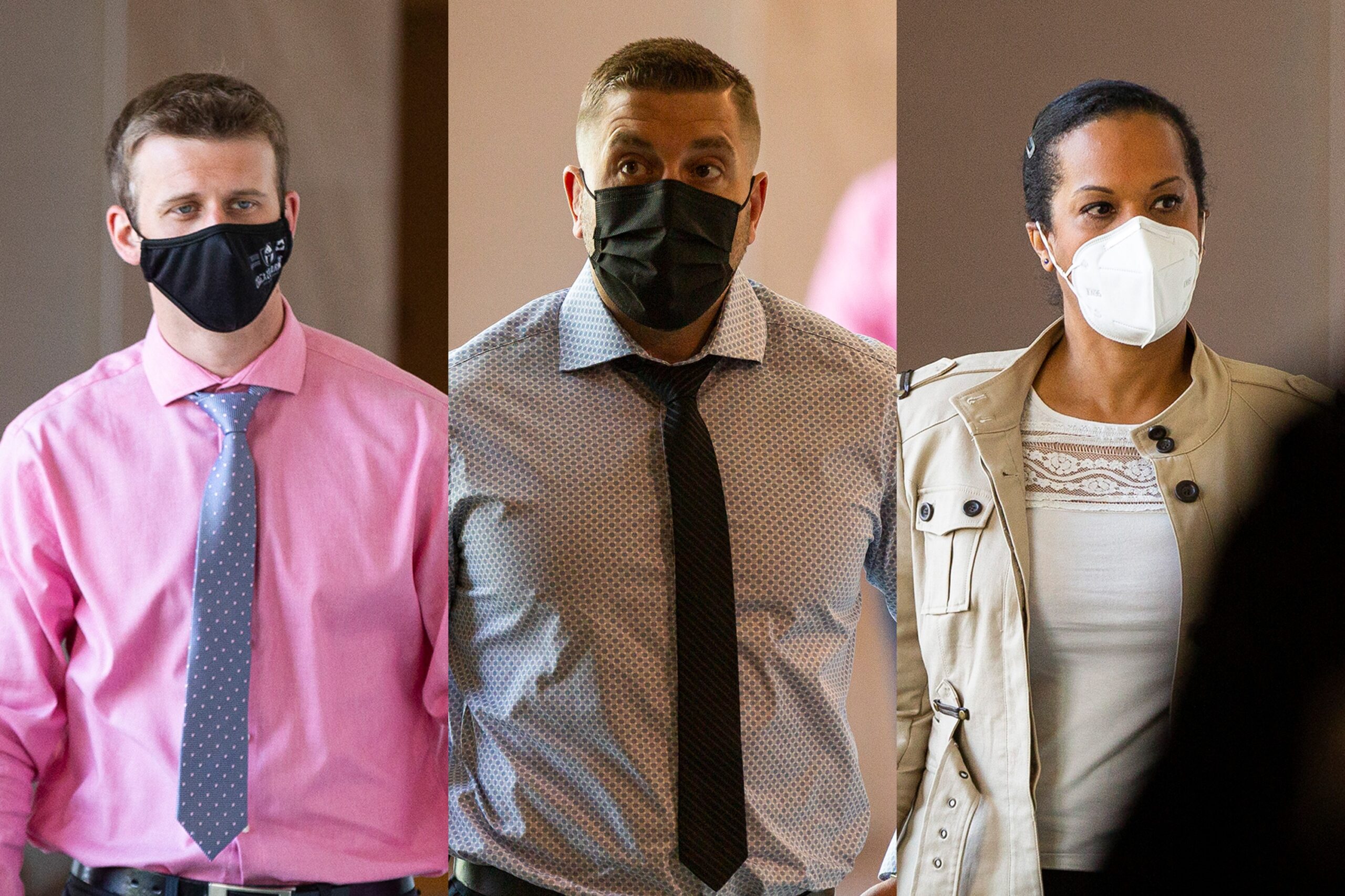 在一张合成照片中，三名哈利法克斯地区警察——两名男子穿着衬衫和领带，一名女子穿着棕色夹克，都戴着面具——于2021年6月21日星期一抵达达特茅斯一家酒店举行的警察审查委员会听证会。