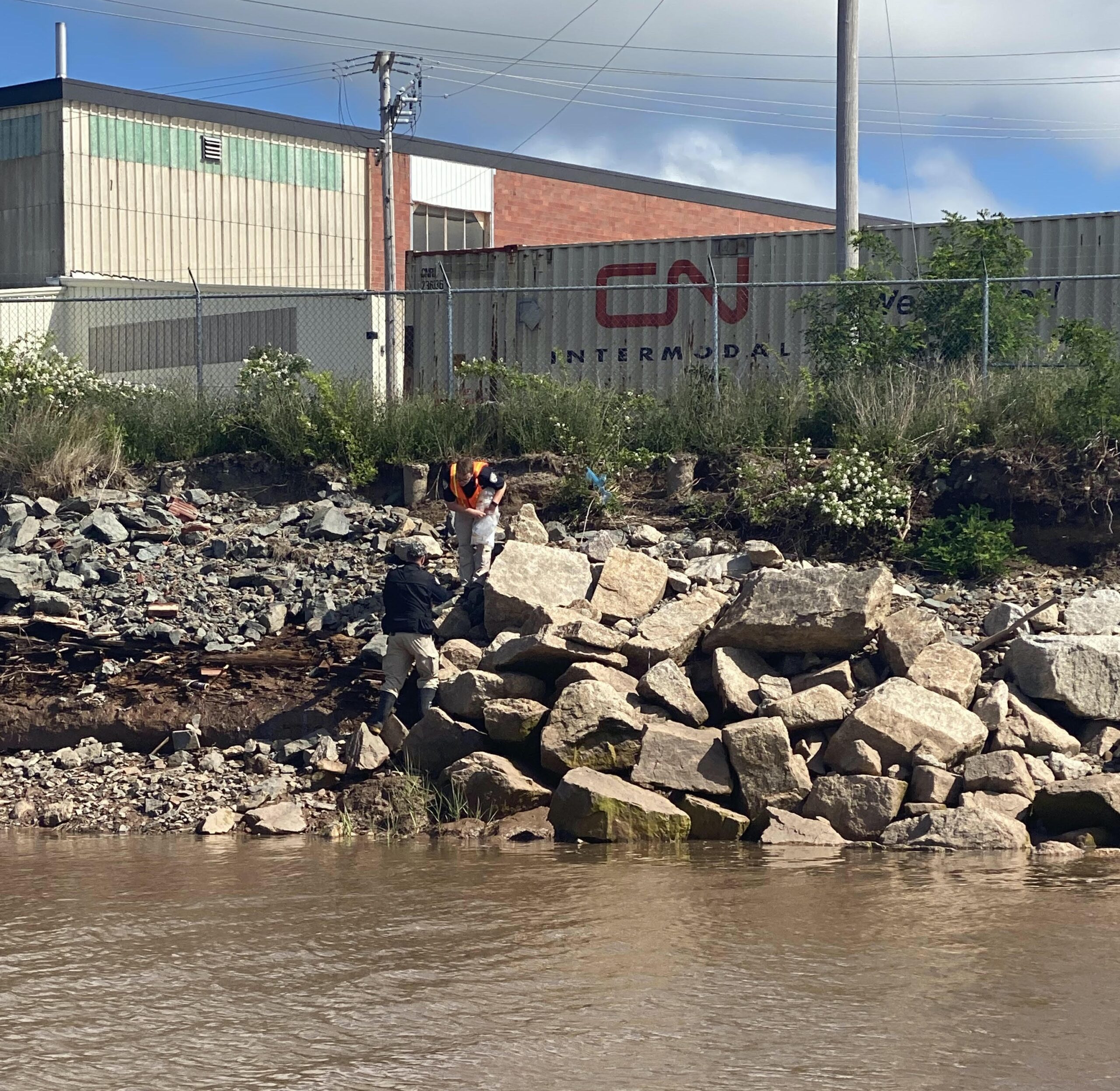 背景中有水、石堆、CN轨道车和建筑。