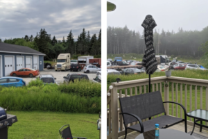 Vanessa Jackson的后甲板的两景景观，展示了汽车维修大量米的草坪，只有矮小的灌木丛。