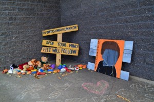 泰迪熊、彩色石头和标志组成了一个“每个孩子都很重要”的展览。