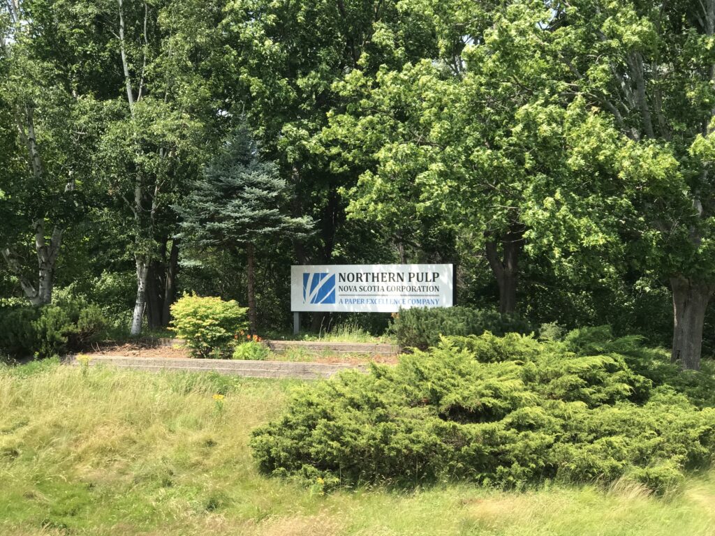 在Pictou县的北方纸浆厂的主入口的标志表明它是一家造纸卓越公司。照片琼巴克斯特