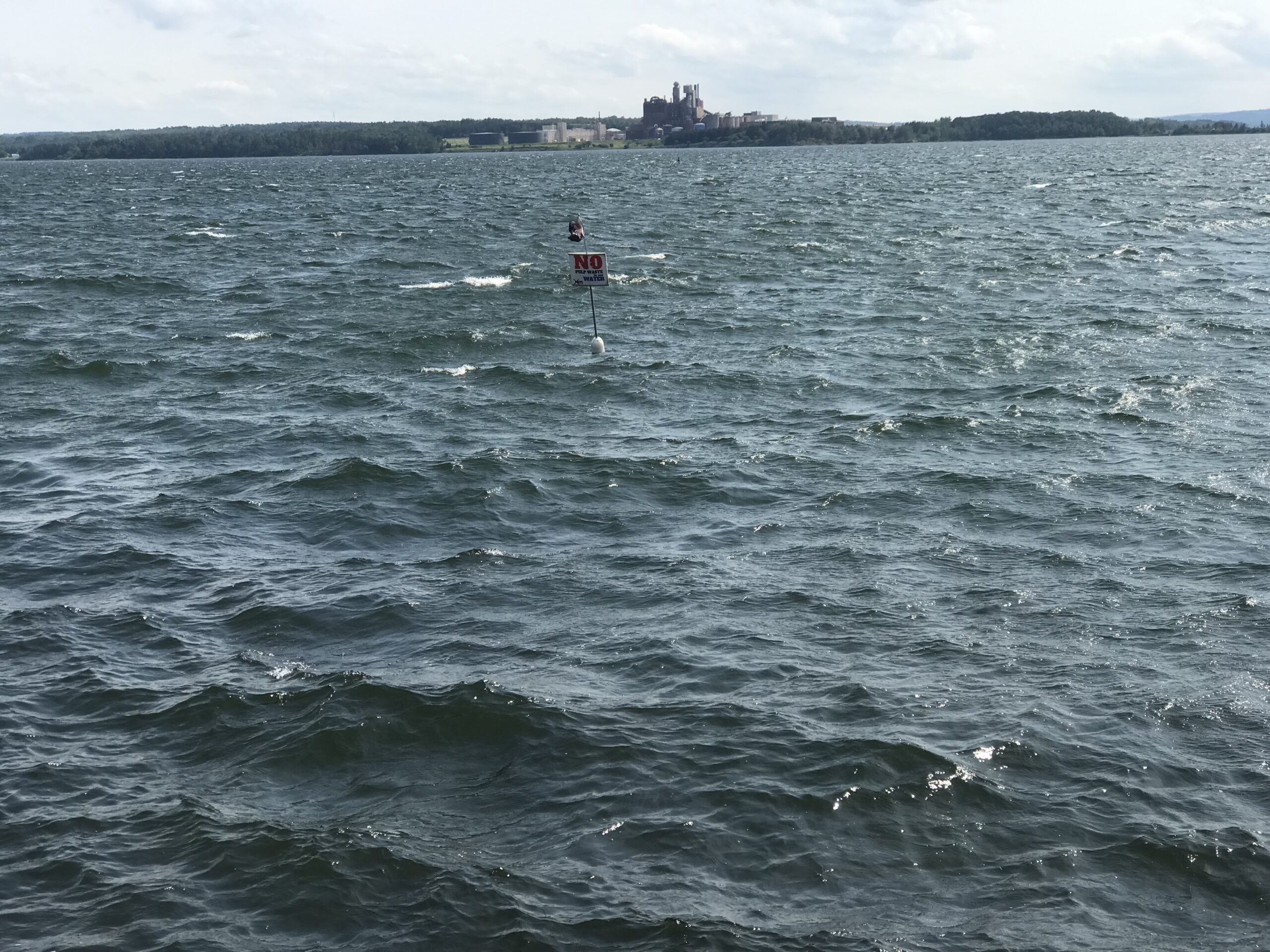 自从卓越纸业宣布计划翻新并重新开放处于休眠状态的工厂后，“我们的水里没有纸浆垃圾”的标识再次出现在皮克图港。照片:琼巴克斯特
