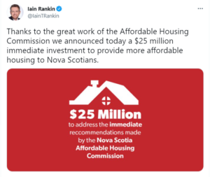 来自Iain Rankin总理的推文表示，由于经济实惠的住房委员会的伟大工作，我们今天宣布了2500万美元的直接投资，为Nova Scotian提供了更实惠的住房。