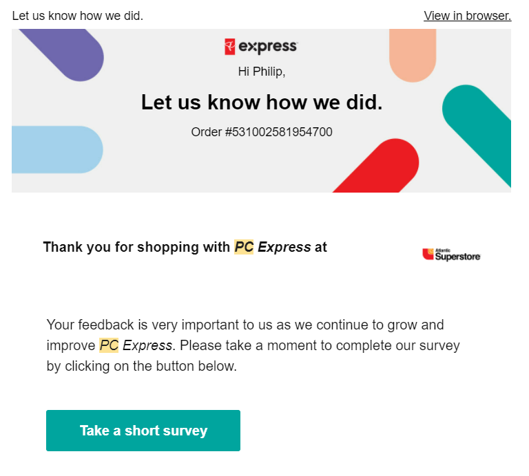 要求参与客户反馈调查的电子邮件截图