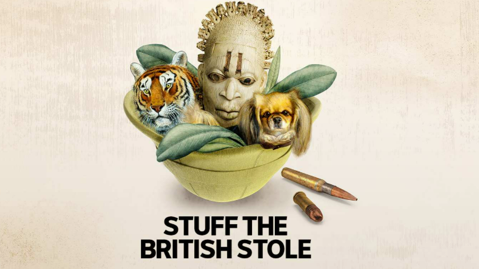 复合图像与碗。碗里有面部纹身的头部模型、老虎、博美犬和树叶。碗外面有子弹。图片的底部写着“把英国人偷的东西塞进去”。