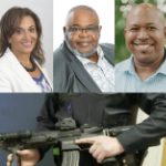 四张照片，三名黑人候选人，其中一名白人警察手持强力枪