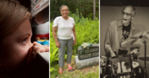 本周文章中的三张照片:一个孩子透过窗户往里偷看，厄玛·奥利维尔·莱利站在墓碑旁，还有格里·格拉纳利。