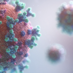 冠状病毒的例证在红色，蓝色和绿色的。