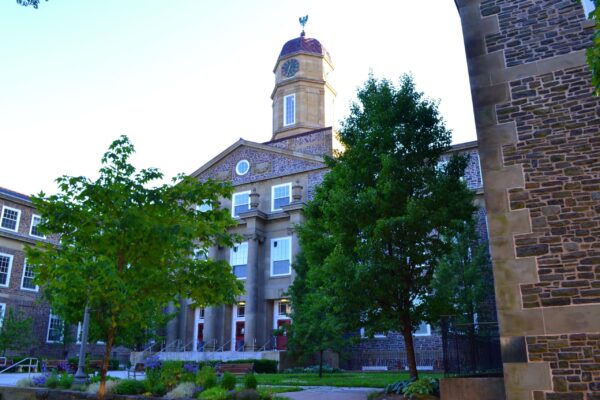 一座灰色的石头建筑，屋顶上有一座钟塔。大楼前面有两棵大树