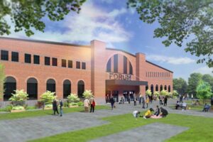 重建后的论坛正面效果图。前面有草和树。